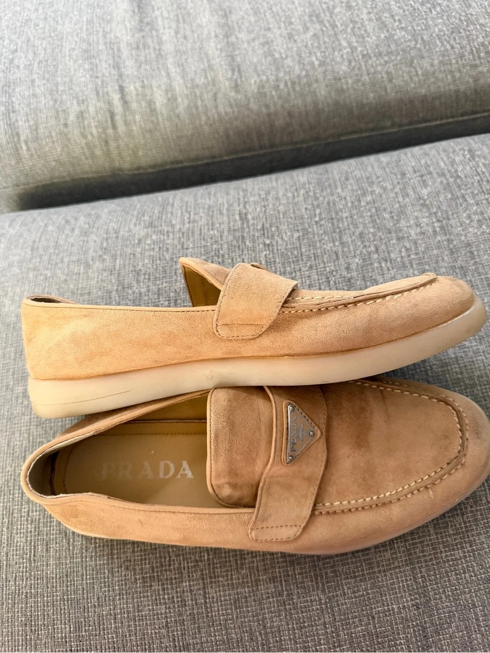 Prada Ecru Suede Loafers Metal Logo $1100